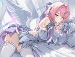  1girl bare_shoulders bed blush bow bow_legwear breasts commentary danraz0r detached_sleeves dress english_commentary feathered_wings fingernails grey_hairband grey_ribbon hair_intakes hair_ribbon hairband highres indoors large_breasts long_sleeves looking_at_viewer lying making-of_available medium_hair nail_art nail_polish on_side pink_eyes pink_hair purple_nails purple_ribbon remielle_dan ribbon sad solo tassel thighhighs thighs white_bow white_dress white_ribbon white_sleeves white_thighhighs white_wings window wings zenless_zone_zero 