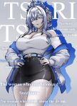  1girl alternate_costume anastasya_feodorovna_snezhnaya bare_shoulders belt black_skirt blue_belt blue_nails bra_strap braid breasts character_name cleavage collarbone cover cover_page crown earrings english_text eyeshadow fake_cover fake_magazine_cover genshin_impact grey_background grey_eyes grey_hair hair_intakes hair_up haxial highres jewelry large_breasts magazine_cover makeup miniskirt nail_polish pale_skin pointy_ears ribbed_shirt shirt short_hair_with_long_locks sidelocks skirt solo 