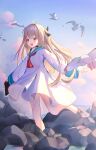  1girl :d absurdres ahoge atri atri-my_dear_moments- backlighting barefoot bird black_ribbon blue_sailor_collar blue_sky blush brown_hair chinese_commentary cloud commentary_request day dress firexy277307 floating_clothes floating_hair full_body hair_between_eyes hair_ribbon happy highres holding holding_unworn_clothes holding_unworn_shoes long_hair looking_ahead neckerchief ocean open_mouth outdoors red_eyes red_neckerchief ribbon rock sailor_collar sailor_dress seagull see-through_clothes see-through_dress shoes sidelocks sky smile solo standing standing_on_one_leg sunlight two_side_up unworn_shoes upskirt very_long_hair white_bird white_dress 