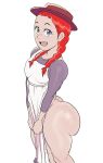  1girl anne_of_green_gables anne_shirley apron ass ass_freckles blue_eyes body_freckles detnox freckles hat highres looking_at_viewer open_mouth purple_shirt red_hair shirt simple_background solo teeth twintails upper_teeth_only white_apron white_background 