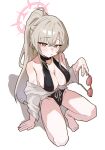  1girl absurdres amat0_0 artistic_error bad_anatomy bad_hands barefoot black_one-piece_swimsuit blue_archive blush breasts brown_hair cleavage closed_mouth commentary_request earrings full_cleavage groin halo highres holding holding_removed_eyewear hoop_earrings jewelry kneeling large_breasts long_hair looking_at_viewer nagisa_(blue_archive) nagisa_(swimsuit)_(blue_archive) official_alternate_costume official_alternate_hairstyle one-piece_swimsuit orange_eyes plunging_neckline red-tinted_eyewear shadow simple_background solo sunglasses swimsuit tinted_eyewear unworn_eyewear white_background 