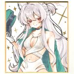  1girl absurdres adapted_costume akira_(blue_archive) akira_(miria)_(blue_archive) animal_ear_fluff animal_ears black_choker blue_archive breasts cat_ears cat_girl choker cleavage_cutout clothing_cutout collarbone colored_eyelashes commentary_request covered_nipples criss-cross_straps gloves gold_border green_hat green_jacket halo hat head_tilt highleg highleg_one-piece_swimsuit highres holding holding_unworn_clothes holding_unworn_hat jacket konkawa_1223 long_hair medium_breasts midriff military_hat military_jacket navel official_alternate_costume one-piece_swimsuit one_side_up open_clothes open_jacket pink_halo raised_eyebrows red_eyes shikishi simple_background smile solo sparkle swimsuit traditional_media unworn_hat unworn_headwear upper_body very_long_hair wet white_background white_eyelashes white_gloves white_hair white_one-piece_swimsuit 