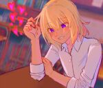  1girl bang_dream! bang_dream!_it's_mygo!!!!! blonde_hair commentary english_commentary heart highres medium_hair misumi_uika owiphony purple_eyes shirt sitting solo three-quarter_sleeves white_shirt 