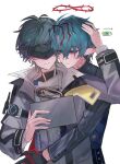  2boys arknights arknights:_endfield arms_around_another's_waist asymmetrical_gloves black_hair blue_eyes blue_hair blush camille_(arknights) closed_mouth commentary_request covered_eyes endministrator_(arknights) eye_mask gloves halo highres holding holding_tablet_pc korean_commentary long_sleeves male_endministrator_(arknights) male_focus mask mole mole_on_wrist multicolored_hair multiple_boys neck_tattoo pointy_ears powering_up r3sozen red_halo red_streaks smile streaked_hair tablet_pc tattoo turtleneck vampire white_background yaoi 