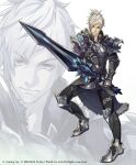  1boy armor armored_boots boots closed_mouth commentary_request copyright_notice copyright_request facial_hair fighting_stance full_body gauntlets gin_(oyoyo) greaves holding holding_sword holding_weapon looking_at_viewer male_focus shoulder_armor solo standing stubble sword two-handed weapon white_background white_hair zoom_layer 