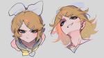  1girl :t absurdres black_eyeliner black_sailor_collar blonde_hair blue_eyes bow closed_mouth commentary eyeliner eyeshadow grey_background hair_bow hair_ornament hairband hairclip highres kagamine_rin makeup messy_hair nako_nko neckerchief orange_eyeshadow parted_lips pout sailor_collar short_hair simple_background smile twitter_username untranslatable_commentary vocaloid white_background white_hairband yellow_neckerchief 