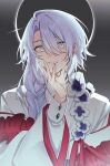  1boy aqua_streaks black_background blue_flower braid buttons commentary_request constricted_pupils cuff_links curtained_hair diamond_button eclipse flower flower_ornament hair_between_eyes hair_over_shoulder hand_on_own_chin highres hoshirube_sho hoshirube_sho_(3rd_costume) japanese_clothes kimono long_hair long_sleeves looking_at_viewer male_focus multicolored_hair nijisanji official_alternate_costume parted_lips peridot_(periperi_8) purple_hair red_ribbon red_shawl ribbon shawl shirt shirt_under_kimono simple_background single_braid smile solo streaked_hair two-tone_flower upper_body virtual_youtuber white_flower white_kimono white_shirt 