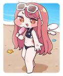 1girl ashur_(trickcal) barefoot beach bikini blue_bikini chibi clam_shell commentary_request detached_wings eyewear_on_head fewer_digits flat_chest food highres holding holding_food holding_popsicle long_hair melting_popsicle navel official_alternate_costume open_mouth popsicle red_eyes red_hair sand sports_bikini star-shaped_pupils star_(symbol) starfish sunglasses suwa_yasai swimsuit symbol-shaped_pupils trickcal very_long_hair wings 