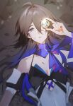  2girls ahoge black_hair blue_eyes blue_hair bronya_rand commentary_request gradient_hair hair_intakes highres holding honkai:_star_rail honkai_(series) long_hair lying mie_xing multicolored_hair multiple_girls on_back one_eye_covered parted_lips seele_(honkai:_star_rail) solo two-tone_hair 