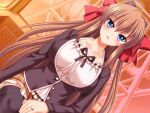 1girl ahoge black_thighhighs blue_eyes blush bow breasts brown_hair casual collarbone dutch_angle ferris_wheel ferris_wheel_interior game_asset hair_bow hair_intakes hair_ribbon jewelry kamei large_breasts long_hair looking_at_viewer non-web_source official_art open_mouth parted_lips plaid_clothes plaid_skirt ribbon ring sakurai_natsuki school_uniform seisenki_valkyrie_sisters self-datamine sitting skirt smile solo sunset thighhighs variant_set visual_novel_cg wedding_ring zettai_ryouiki 