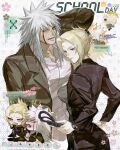  1boy 1girl blonde_hair breasts commentary_request english_text facial_mark formal_clothes highres jiraiya_(naruto) large_breasts mature_female mature_male mine00451 naruto_(series) ponytail spiked_hair suit tall_male teacher tear_troughs tsunade_(naruto) white_hair 