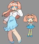  1girl :d blue_choker blue_dress blue_eyes blue_hairband blunt_bangs blunt_ends blush breasts choker cleavage commentary cropped_jacket dress earrings full_body grey_background hair_down hair_intakes hairband hand_up jewelry long_hair long_sleeves looking_at_viewer lusaans open_mouth orange_hair reference_inset regretevator roblox simple_background sketch smile solid_eyes solo sphere_earrings stat_(regretevator) untranslatable_commentary 