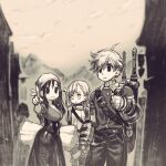  1boy 2girls ahoge arm_up bag bandana belt blurry blurry_background bow_(weapon) breasts cleavage collared_shirt commentary_request cowboy_shot dress fantasy flat_chest from_side gauntlets highres holding holding_bag holding_paper jun_(navigavi) large_breasts light_blush long_hair long_sleeves looking_at_viewer looking_to_the_side monochrome multiple_girls original outdoors pants paper parted_lips pointing ribbed_shirt shirt short_hair short_sleeves sword sword_on_back very_short_hair weapon weapon_on_back 