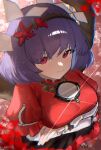  1girl ao_hoshi arms_across_body arms_under_breasts breasts closed_mouth commentary_request dot_nose foreshortening from_above glint hair_between_eyes hair_ornament highres large_breasts layered_sleeves leaf leaf_hair_ornament long_sleeves looking_at_viewer maple_leaf mirror purple_hair red_eyes red_shirt red_skirt rope sandals shide shimenawa shirt short_hair short_over_long_sleeves short_sleeves skirt solo standing touhou yasaka_kanako 