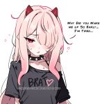  1girl black_choker black_shirt blush breasts choker clothes_writing collarbone commentary english_commentary english_text hair_over_one_eye heart highres indie_virtual_youtuber iomaya_(vtuber) long_hair mole mole_under_eye nixeu one_eye_covered open_mouth paid_reward_available pink_eyes pink_hair print_shirt shirt short_sleeves simple_background sleepy solo speech_bubble spiked_choker spikes squeans sweat t-shirt virtual_youtuber white_background 
