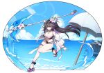  1girl abigail_(black_survival) abigail_(tropical_dimension)_(black_survival) absurdres bare_shoulders bikini black_bikini black_choker black_hair black_survival blue_eyes breasts choker cleavage closed_mouth commentary_request eternal_return:_black_survival eyewear_on_head flower full_body hair_flower hair_ornament heart heart-shaped_eyewear heart_o-ring highres holding holding_scythe jacket key korean_commentary large_breasts layered_bikini long_hair looking_at_viewer multicolored_hair o-ring o-ring_bikini off_shoulder official_alternate_costume pink_bikini platform_sandals purple_hair sandals scythe solo strap_gap streaked_hair sunglasses swimsuit thigh_strap thighs two-tone_hair wang0424 white_jacket 
