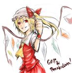  ascot blonde_hair clenched_hand english flandre_scarlet graphite_(medium) grin hat mixed_media short_hair smile solo touhou traditional_media wa_(r_waizumi) white_background wings 