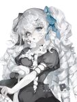  1girl absurdres aegyo_sal black_bow black_dress blue_bow blue_eyes bow closed_eyes colored_skin dress eyelashes frills gauze gauze_on_cheek gauze_on_face hair_bow hair_ornament hairclip highres holding holding_stuffed_toy limited_palette long_hair looking_up maoli_(xhs_836185431) mole mole_under_eye open_mouth original pearl_hair_ornament puffy_short_sleeves puffy_sleeves ringlets sample_watermark short_sleeves simple_background solo stuffed_animal stuffed_toy teeth tongue upper_teeth_only very_long_hair watermark white_background white_bow white_hair white_skin 