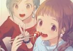  2girls :d blush bracelet brown_eyes brown_hair chopsticks collarbone commentary_request earrings eating fingernails food gin_(oyoyo) holding holding_chopsticks jewelry long_hair long_sleeves looking_at_viewer mole mole_under_mouth multiple_girls nail_polish off-shoulder_sweater off_shoulder open_mouth original pink_nails purple_eyes red_sweater short_hair smile sweater tareme teeth upper_body v 