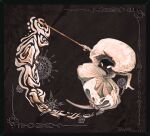  1girl arazore_owo arthropod_girl black_skin blank_eyes bodysuit colored_skin commentary dress full_body hat highres holding holding_weapon hollow_knight hollow_knight:_silksong lace_(hollow_knight) pin_(hollow_knight) puffy_dress solo untranslatable_commentary weapon white_bodysuit white_eyes 