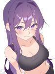  1girl absurdres bare_shoulders black_sports_bra blush breasts cleavage collarbone commentary doki_doki_literature_club from_above hair_between_eyes hair_intakes hair_ornament hairclip highres large_breasts long_hair looking_at_viewer looking_up midriff navel noire_neige pants purple_eyes purple_hair shiny_skin sidelocks simple_background smile solo sports_bra sportswear white_background yoga_pants yuri_(doki_doki_literature_club) 