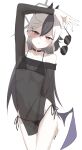  1girl :o absurdres bikini black_bikini black_choker blue_archive breasts bright_pupils choker commentary_request cowboy_shot ear_piercing earrings gradient_hair halo hand_up head_tilt highres holding holding_removed_eyewear horns jewelry kayoko_(blue_archive) kayoko_(tsutaya)_(blue_archive) kushinobu long_hair looking_at_viewer mole mole_on_neck multicolored_hair navel official_alternate_costume parted_lips piercing red_eyes side-tie_bikini_bottom simple_background small_breasts solo standing sunglasses swimsuit unworn_eyewear white_background white_hair white_pupils 
