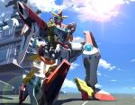  1boy ao_isami black_hair blue_sky bonbaba_007 bravern cloud commentary_request crossed_arms full_body green_jacket green_pants highres jacket male_focus mecha mecha_focus on_one_knee pants robot shadow sky twitter_username wide_shot yuuki_bakuhatsu_bang_bravern 