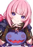  1girl absurdres black_gloves blue_coat blush closed_mouth coat commentary_request cosmos_(cos_mos_f) double_bun elbow_rest fingerless_gloves fingernails gloves hair_bun highres hood hooded_coat interlocked_fingers kaf_(kamitsubaki_studio) kamitsubaki_studio laplace_(kamitsubaki_studio) looking_at_viewer lying medium_hair nail_polish on_stomach own_hands_together pink_hair pink_nails pink_shoes purple_eyes red_pupils ringed_eyes shoes simple_background smile virtual_youtuber white_background yellow_pupils 