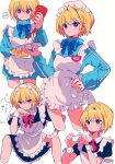  1boy androgynous apron bare_legs black_dress blonde_hair blue_bow blue_bowtie blue_eyes blue_jacket bow bowtie collared_dress commentary_request cropped_legs crossdressing crossdressing_(mtf) dress earrings enmaided expressionless food frilled_apron frills hand_on_own_hip hand_up heart heart_hands highres holding holding_food holding_tray hunter_x_hunter invisible_chair jacket jewelry ketchup_bottle kurapika long_sleeves looking_at_viewer maid maid_apron multiple_views name_tag necktie omelet omurice red_bow red_bowtie red_necktie sanamaru_(sana79261827) short_hair short_necktie simple_background sitting speech_bubble squeezing track_jacket translation_request tray white_apron white_background white_wrist_cuffs wrist_cuffs 