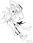  1boy abs barefoot chinese_commentary collar commentary_request false_memory fangs greyscale halo highres hui_huo_(false_memory) leash lineart long_hair male_focus monochrome navel no_nipples pants pectorals simple_background smile solo spiked_collar spikes topless_male torn_clothes watermark weibo_username weibo_watermark white_background yya0ann 
