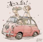  3girls animal arm_up bikini black_eyes black_hair blue_bikini blue_shorts bow brown_dog brown_hair car closed_eyes clothes_writing commentary dated dog driving fiat fiat_multipla flat_chest floating_hair hair_bow italian_flag jewelry leaning_forward midriff motor_vehicle multiple_girls navel necklace open_mouth open_roof_top original ponytail red_background red_bikini red_bow red_car sekihan shading_eyes short_shorts shorts signature simple_background smile standing star_(symbol) strapless strapless_bikini striped_bikini striped_clothes sunroof swimsuit teeth through_sunroof upper_teeth_only vehicle_name wristband 