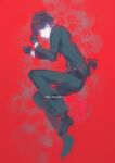  1boy black_gloves black_hair black_pants black_suit closed_eyes commentary_request dengeki_bunko field flower flower_field formal_clothes gin_(oyoyo) gloves highres long_sleeves lying male_focus on_side pants red_background red_flower sleeping solo spider_lily suit 