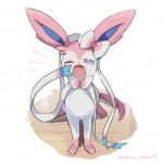 blue_eyes bow commentary fangs nako_(nekono_shippo75) no_humans one_eye_closed open_mouth pokemon pokemon_(creature) pokemon_focus ribbon sitting sleepy solo sylveon tears untranslatable_commentary white_background wooden_floor yawning 