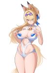  1girl animal_ears blonde_hair breasts choker commentary eyes_visible_through_hair goggles goggles_on_head green_eyes hair_intakes hair_over_one_eye heart heart_pasties heut highres horse_ears horse_girl horse_tail large_breasts navel official_alternate_costume one-piece_swimsuit pasties ponytail purple-tinted_eyewear sigrid_de_l'azur sigrid_de_l'azur_(majestic_wavechaser) simple_background smile solo swim_goggles swimsuit tail tinted_eyewear white_background white_one-piece_swimsuit zenless_zone_zero 