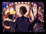  2boys absurdres black_blood black_pants blonde_hair blood blood_from_forehead blue_eyes blue_shirt carousel carrying chariot collared_shirt colored_blood commentary_request dual_persona empty_eyes esse_series griffin_stewart highres horse lapels male_focus mitsudomoe_koubou multiple_boys one_eye_covered oshi_no_taisetsuna_hito_ni_narikawaru pants pixel_art princess_carry second-party_source shirt unconscious wire 