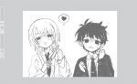  2boys :d antenna_hair art_program_in_frame blush cardigan collared_shirt commentary_request crying dress_shirt greyscale hands_up heart holding holding_knife knife lapels looking_at_viewer male_yandere monochrome multiple_boys nano473888 necktie saihate_eki shirt short_hair smile spoken_heart suit tatsunami_shion tears upper_body yandere 