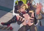  1boy 1girl black_gloves black_helmet black_jacket blonde_hair blush boots breasts censored clothing_aside commentary_request ethereal_(zenless_zone_zero) feet gloves helmet hetero high_heel_boots high_heels jacket knee_boots long_hair long_sleeves luciana_de_montefio mosaic_censoring navel nipples open_mouth osanai_shiina panties panties_aside penis pussy red_eyes reverse_suspended_congress sex sex_from_behind side_ponytail single_bare_foot small_breasts soles spread_legs testicles underwear vaginal white_panties zenless_zone_zero 
