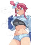  1girl absurdres black_sports_bra blue_eyes blue_gloves blue_jacket blue_shorts blush breasts crop_top cropped_jacket gloves gloves_over_sleeves hair_ornament highres hot jacket medium_breasts midriff navel odaibako one_side_up open_mouth plamja_jukov pokemon pokemon_black_and_white red_hair request_inset short_hair_with_long_locks short_shorts shorts sidelocks skyla_(pokemon) solo sports_bra sweat very_sweaty 