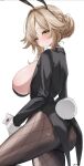  1girl absurdres ade_(agent_bunny)_(nikke) ade_(nikke) animal_ear_hairband animal_ears ass black_jacket black_leotard black_pantyhose blonde_hair blush braid braided_base breasts bun_with_braided_base commentary_request fake_animal_ears fake_tail fishnet_pantyhose fishnets gloves goddess_of_victory:_nikke green_eyes hair_bun hairband highres jacket large_breasts leotard official_alternate_costume pantyhose playboy_bunny rabbit_ear_hairband rabbit_ears shupita sideboob solo tail white_gloves 