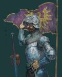  1boy armor aventail bascinet beard belt blue_eyes breastplate chainmail commentary_request couter facial_hair faulds flag full_armor gloves green_background helmet heraldry highres ikeno_daigo lance looking_at_viewer makaimura male_focus pauldrons pennant polearm rerebrace shoulder_armor simple_background sir_arthur_(makaimura) thick_beard unworn_gloves vambraces visor_(armor) visor_lift weapon 