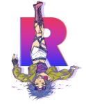  1boy chinese_commentary commentary_request crossdressing crossdressing_(mtf) flower green_eyes highres james_(pokemon) logo looking_at_another looking_down male_focus nanxi635 pokemon pokemon_(anime) pokemon_(classic_anime) purple_hair red_flower red_rose rose single_letter skirt solo trap white_background 