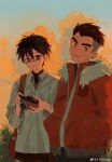  2boys bag black_hair camera chinese_commentary cloud commentary_request earrings false_memory false_memory_(2020) fur-trimmed_jacket fur_trim glasses hands_in_pockets highres holding holding_camera jacket jewelry looking_at_viewer male_focus multiple_boys nanzhu_(false_memory) orange_eyes outdoors shi_yan_(false_memory) shirt skirt thick_eyebrows undercut watermark weibo_username weibo_watermark white_shirt yya0ann 