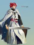 1girl armor belt blue_sky cape chainmail cross cross_print drill_hair english_text faux_traditional_media gurnerk hair_ribbon highres holding holding_sword holding_weapon hood hood_down kasane_teto knight looking_ahead medieval red_eyes red_hair ribbon shield sky smile solo_focus standing sword teutonic_knight tunic twin_drills utau weapon 