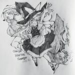  3girls absurdres apron blush bow braid carbohydrate_(asta4282) character_name commentary_request exhaling_smoke fang full_body greyscale hair_bow hair_ribbon hat hat_bow heart highres holding holding_smoking_pipe kirisame_marisa kiseru komakusa_sannyo long_hair mary_janes monochrome multiple_girls one-hour_drawing_challenge open_mouth orange_(touhou) ponytail puffy_short_sleeves puffy_sleeves ribbon robe shoes short_sleeves side_braid single_braid skin_fang skirt smile smoking smoking_pipe socks star_(symbol) touhou touhou_(pc-98) traditional_media vest waist_apron witch_hat 