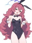  1girl animal_ear_hairband animal_ears black_bow black_bowtie black_leotard blue_archive bow bowtie breasts commentary cowboy_shot detached_collar fake_animal_ears fluffy_hair hairband halo highres iroha_(blue_archive) leotard long_hair looking_at_viewer paw_pose playboy_bunny purple_halo rabbit_ears red_hair simple_background small_breasts smile solo strapless strapless_leotard wavy_hair white_background wrist_cuffs xxskreamlo87809 