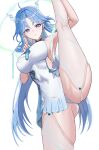  1girl absurdres arm_up blue_eyes blue_hair breasts closed_mouth commentary commonalty dress earrings english_commentary forehead_tattoo hair_ornament hair_stick hand_up highres jewelry large_breasts long_hair looking_down panties parted_bangs qingxiao_(wuthering_waves) simple_background solo split standing standing_on_one_leg standing_split sword_fingers tattoo thighhighs thighs underwear white_background white_dress white_panties white_thighhighs wuthering_waves 