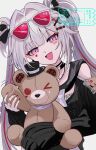  >_o 1girl bare_shoulders black_bow black_choker black_sweater blush bow butterfly-shaped_pupils ca_ru_cca choker commentary facial_mark hair_between_eyes hair_bow hair_ornament hat heart heart_facial_mark highres holding holding_stuffed_toy honkai:_star_rail honkai_(series) jewelry long_hair long_sleeves looking_at_viewer multicolored_hair necklace off-shoulder_sweater off_shoulder one_eye_closed open_mouth pink_eyes red_nails red_streaks ring scarf smile solo sparkle_(honkai:_star_rail) sparxie_(candy-coated_waves)_(honkai:_star_rail) sparxie_(honkai:_star_rail) streaked_hair stuffed_animal stuffed_toy sweater symbol-shaped_pupils teddy_bear top_hat twintails untranslatable_commentary waving white_hair white_scarf x_hair_ornament 
