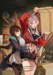  +_+ 2girls ^_^ absurdres amiya_(arknights) amiya_(medic)_(arknights) antennae arknights ascot black_jacket black_pantyhose black_shirt black_shorts blue_collar blush box brown_hair cardboard_box carrying closed_eyes collar commentary commission cowboy_shot cropped_jacket cropped_shirt demon_girl demon_horns dress english_commentary highres holding holding_box horns hug hug_from_behind indoors jacket jewelry long_hair multiple_girls multiple_rings neck_ring open_clothes open_jacket open_mouth pantyhose ponytail red_jacket ring shelf shirt short_hair shorts smile stairs thatlazybones very_long_hair vgen_commission w_(arknights) watermark white_ascot white_dress wis'adel_(arknights) yellow_eyes yuri 
