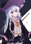 1girl black_background black_hat black_robe black_skirt blue_eyes braid breasts collared_shirt commentary_request elaina_(majo_no_tabitabi) grey_hair hair_between_eyes hat highres long_hair looking_at_viewer majo_no_tabitabi parted_lips pleated_skirt popokki robe shirt skirt sleeveless sleeveless_shirt small_breasts solo white_background white_shirt witch_hat 