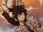  2boys akinashi_haru alptra_q black_hair black_pants blue_necktie collared_shirt dress_shirt hand_up highres lap_pillow lying male_focus multiple_boys necktie on_back out_of_frame pants red_necktie saihate_eki seiza shirt sitting sweat tatsunami_shion wading white_shirt 